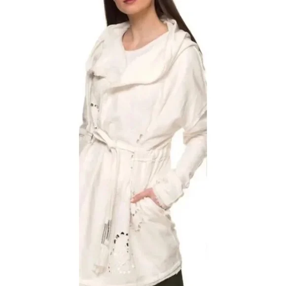 Free People Ivory French Terry Relaxed Hooded Wrap Cardigan Jacket Coastal Boho